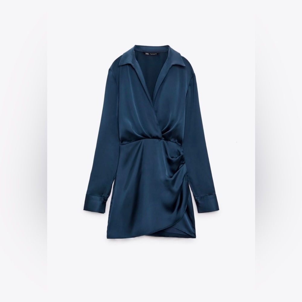ZARA Short Satin Effect Dress Navy Women’s Size XS - Picture 7 of 12